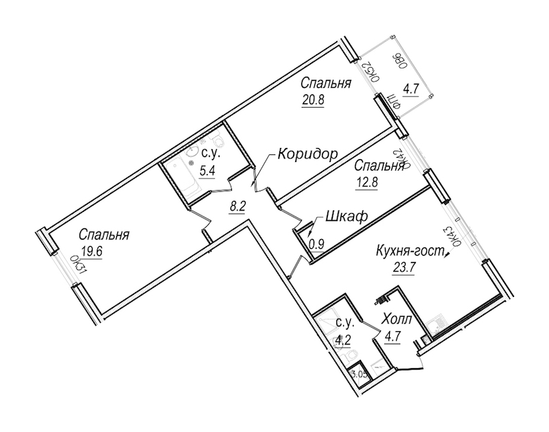 3-комнатная квартира 101.7 м², 5/8 эт., Комплекс апартаментов «Meltzer Hall»